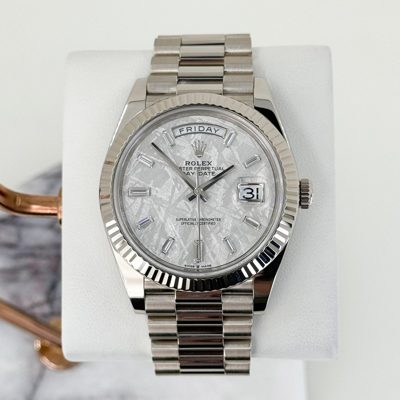 unnamed_6fd7753f-8b46-4855-b200-768dfed84dce-scaled-1.jpg Rolex White Gold Day-Date 40 Watch - Fluted Bezel - Meteorite Baguette Diamond Dial - President Bracelet - 228239 mtdp - 图片 1